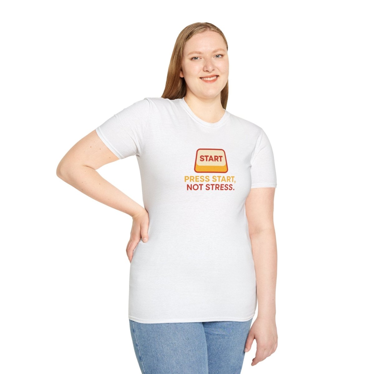 "Press Start, Not Stress" Unisex T-Shirt - Relaxed Fit Gaming Tee, Gift for Gamers, Fun Stress Relief Shirt, Casual Everyday Wear CW - 1 Yellow Orange - AI Tee Hero