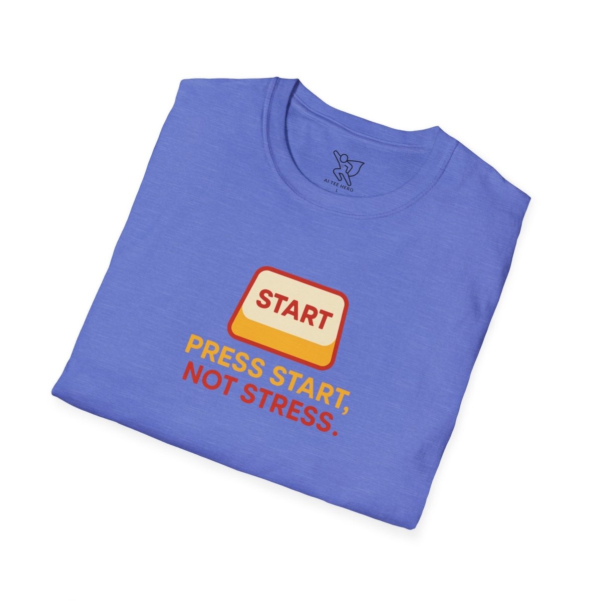 "Press Start, Not Stress" Unisex T-Shirt - Relaxed Fit Gaming Tee, Gift for Gamers, Fun Stress Relief Shirt, Casual Everyday Wear CW - 1 Yellow Orange - AI Tee Hero