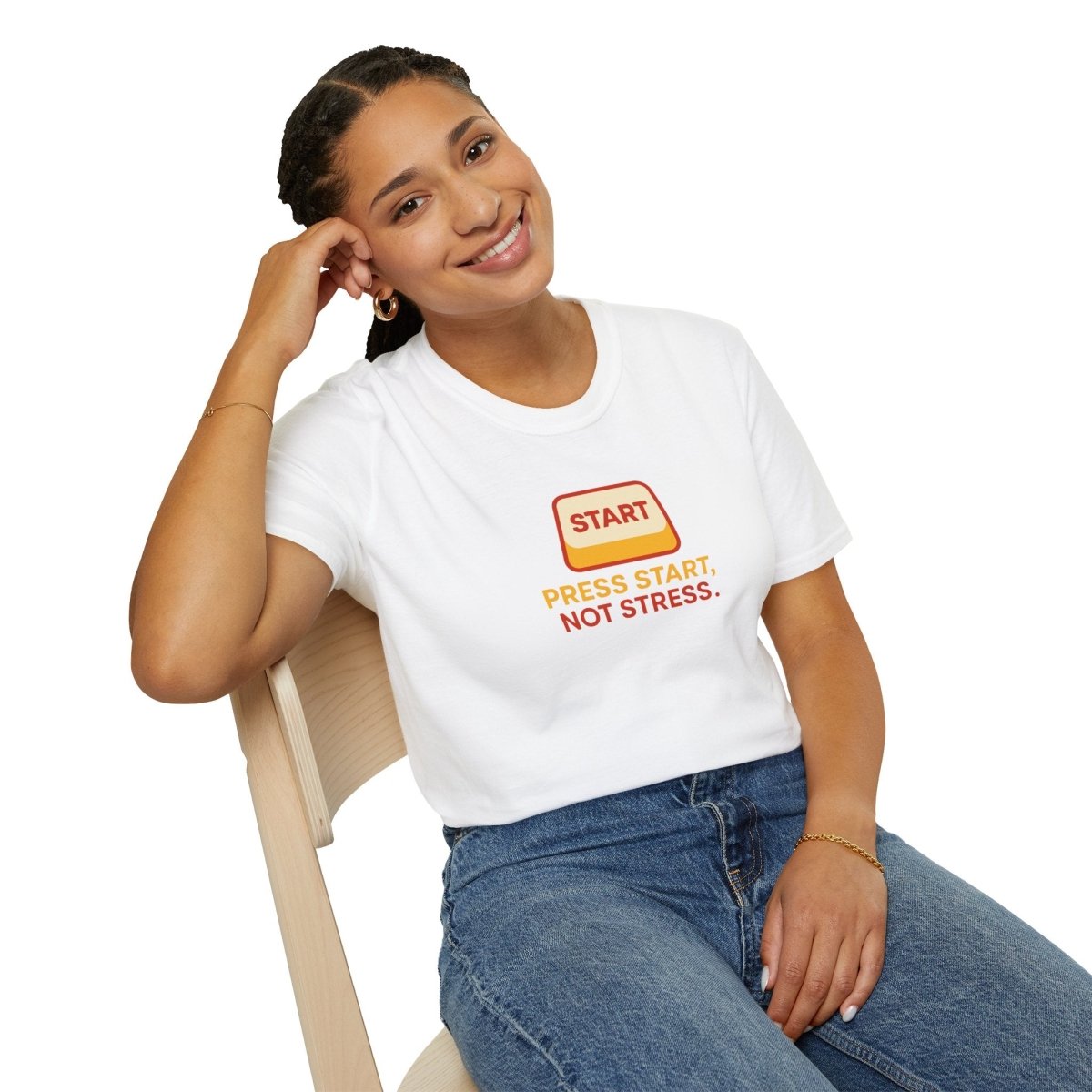 "Press Start, Not Stress" Unisex T-Shirt - Relaxed Fit Gaming Tee, Gift for Gamers, Fun Stress Relief Shirt, Casual Everyday Wear CW - 1 Yellow Orange - AI Tee Hero
