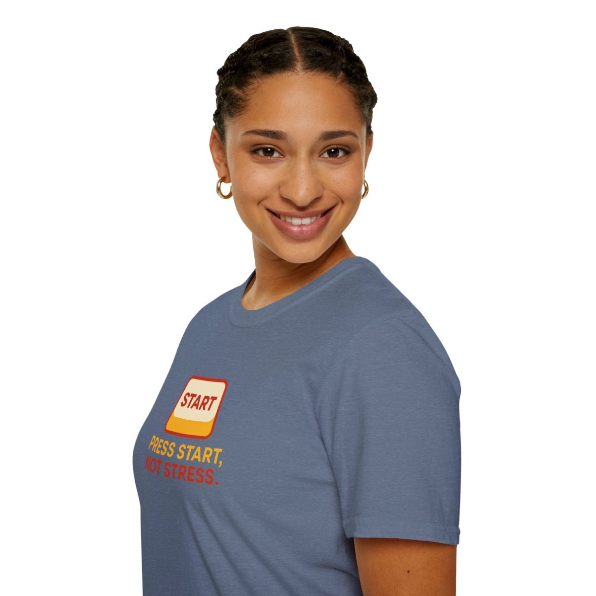"Press Start, Not Stress" Unisex T-Shirt - Relaxed Fit Gaming Tee, Gift for Gamers, Fun Stress Relief Shirt, Casual Everyday Wear CW - 1 Yellow Orange - AI Tee Hero