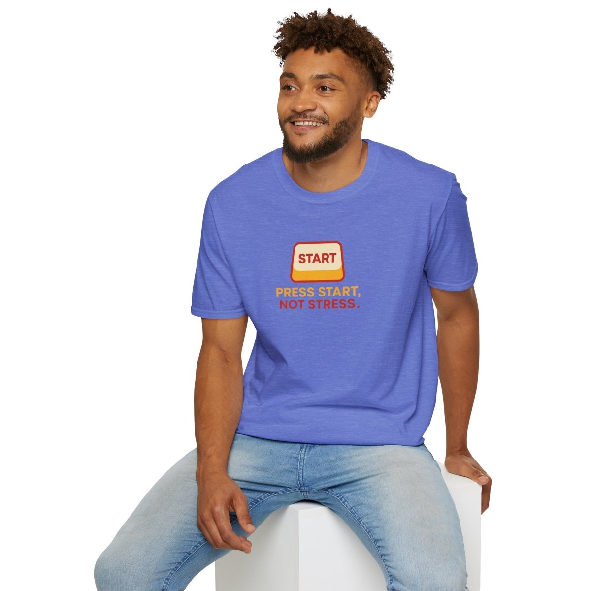 "Press Start, Not Stress" Unisex T-Shirt - Relaxed Fit Gaming Tee, Gift for Gamers, Fun Stress Relief Shirt, Casual Everyday Wear CW - 1 Yellow Orange - AI Tee Hero