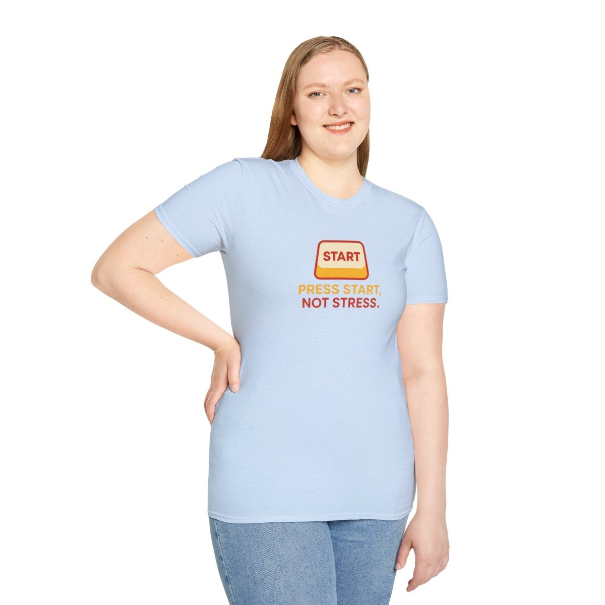 "Press Start, Not Stress" Unisex T-Shirt - Relaxed Fit Gaming Tee, Gift for Gamers, Fun Stress Relief Shirt, Casual Everyday Wear CW - 1 Yellow Orange - AI Tee Hero