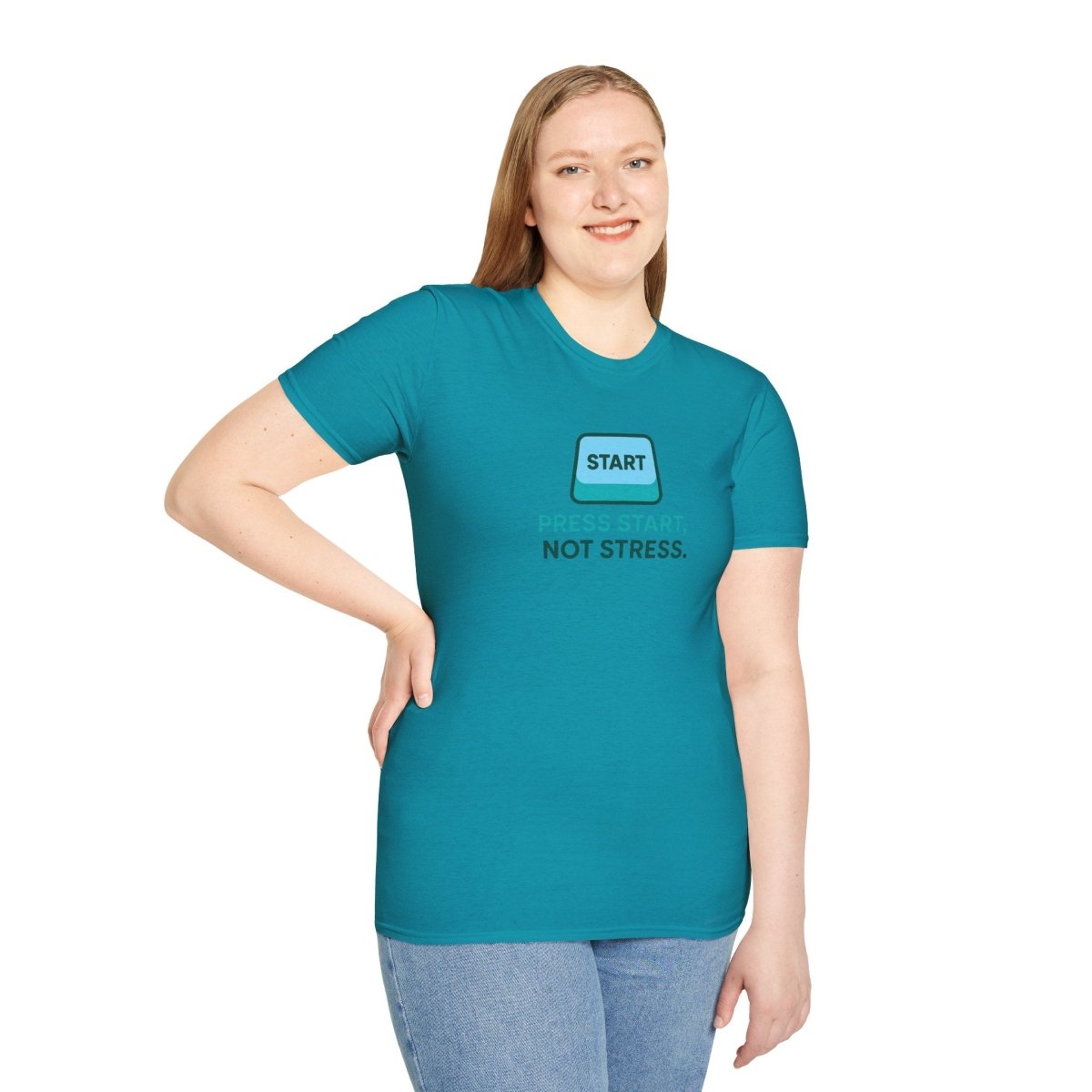 "Press Start, Not Stress" Unisex T-Shirt - Relaxed Fit Gaming Tee, Gift for Gamers, Fun Stress Relief Shirt, Casual Everyday Wear CW - 2 Teal - AI Tee Hero