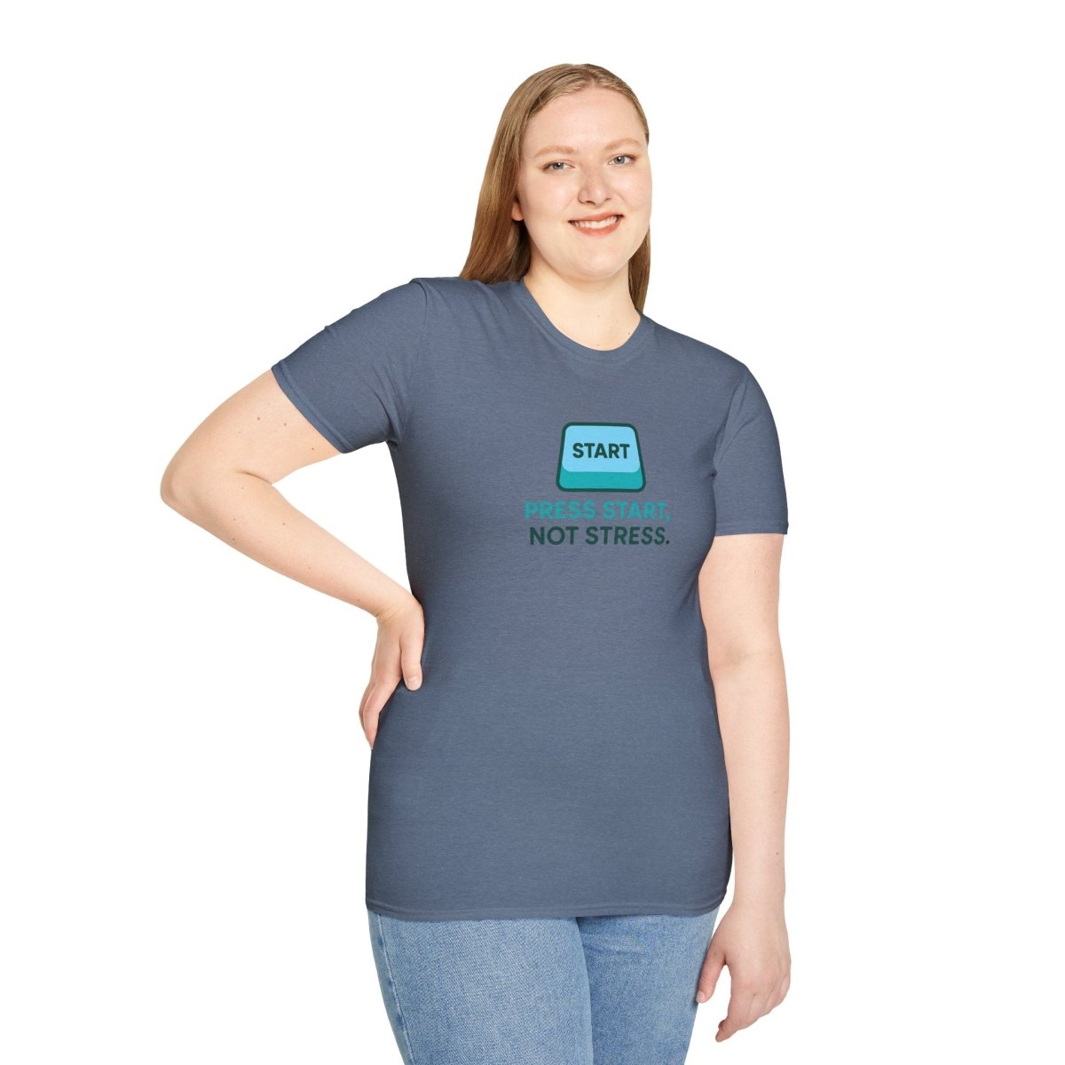 "Press Start, Not Stress" Unisex T-Shirt - Relaxed Fit Gaming Tee, Gift for Gamers, Fun Stress Relief Shirt, Casual Everyday Wear CW - 2 Teal - AI Tee Hero