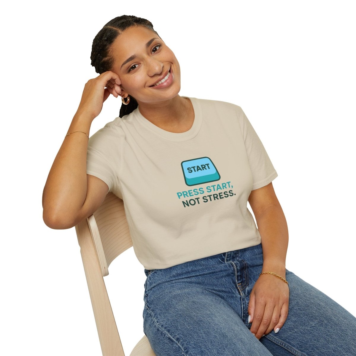 "Press Start, Not Stress" Unisex T-Shirt - Relaxed Fit Gaming Tee, Gift for Gamers, Fun Stress Relief Shirt, Casual Everyday Wear CW - 2 Teal - AI Tee Hero