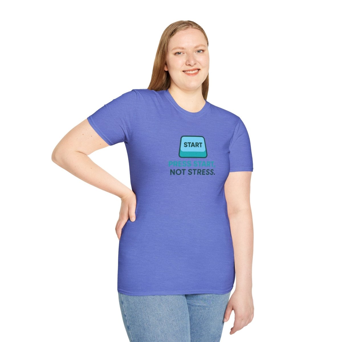 "Press Start, Not Stress" Unisex T-Shirt - Relaxed Fit Gaming Tee, Gift for Gamers, Fun Stress Relief Shirt, Casual Everyday Wear CW - 2 Teal - AI Tee Hero