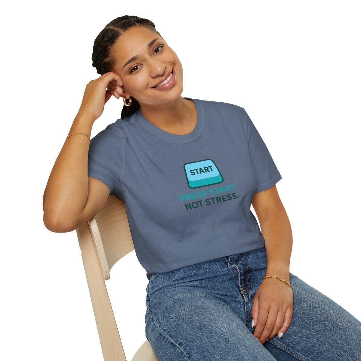 "Press Start, Not Stress" Unisex T-Shirt - Relaxed Fit Gaming Tee, Gift for Gamers, Fun Stress Relief Shirt, Casual Everyday Wear CW - 2 Teal - AI Tee Hero