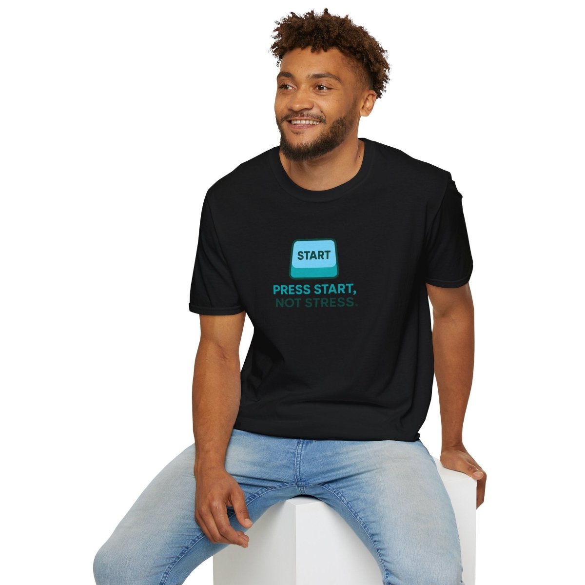 "Press Start, Not Stress" Unisex T-Shirt - Relaxed Fit Gaming Tee, Gift for Gamers, Fun Stress Relief Shirt, Casual Everyday Wear CW - 2 Teal - AI Tee Hero