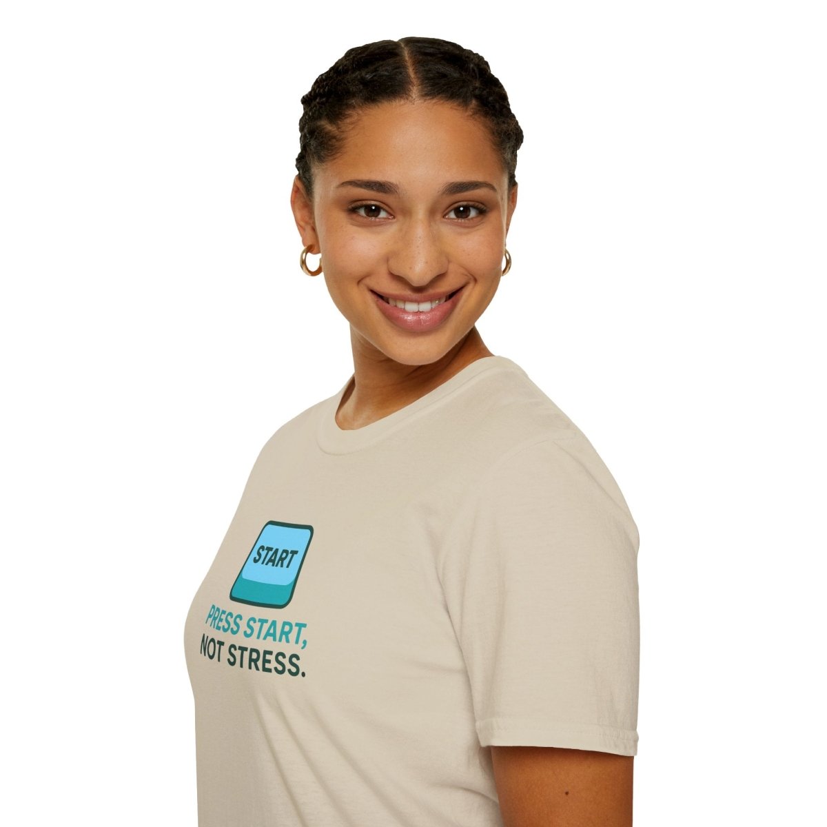 "Press Start, Not Stress" Unisex T-Shirt - Relaxed Fit Gaming Tee, Gift for Gamers, Fun Stress Relief Shirt, Casual Everyday Wear CW - 2 Teal - AI Tee Hero