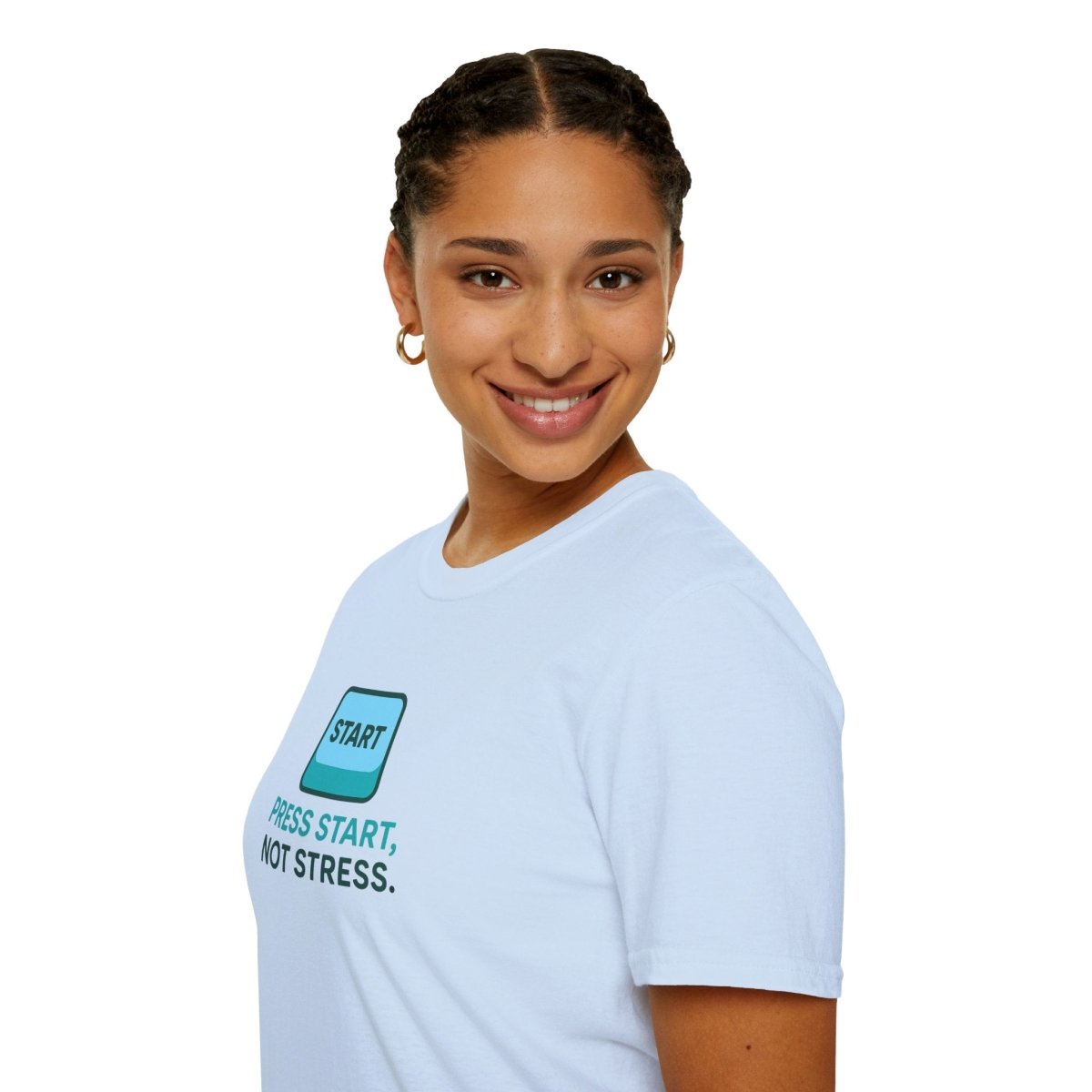 "Press Start, Not Stress" Unisex T-Shirt - Relaxed Fit Gaming Tee, Gift for Gamers, Fun Stress Relief Shirt, Casual Everyday Wear CW - 2 Teal - AI Tee Hero
