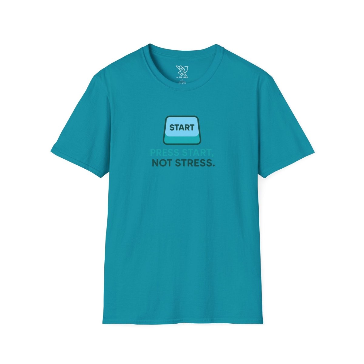 "Press Start, Not Stress" Unisex T-Shirt - Relaxed Fit Gaming Tee, Gift for Gamers, Fun Stress Relief Shirt, Casual Everyday Wear CW - 2 Teal - AI Tee Hero