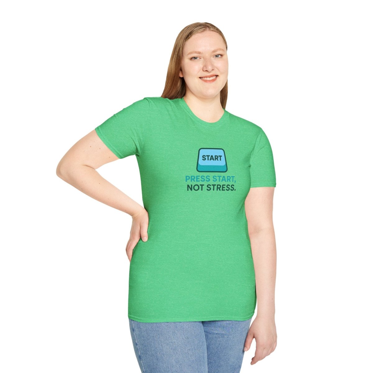 "Press Start, Not Stress" Unisex T-Shirt - Relaxed Fit Gaming Tee, Gift for Gamers, Fun Stress Relief Shirt, Casual Everyday Wear CW - 2 Teal - AI Tee Hero