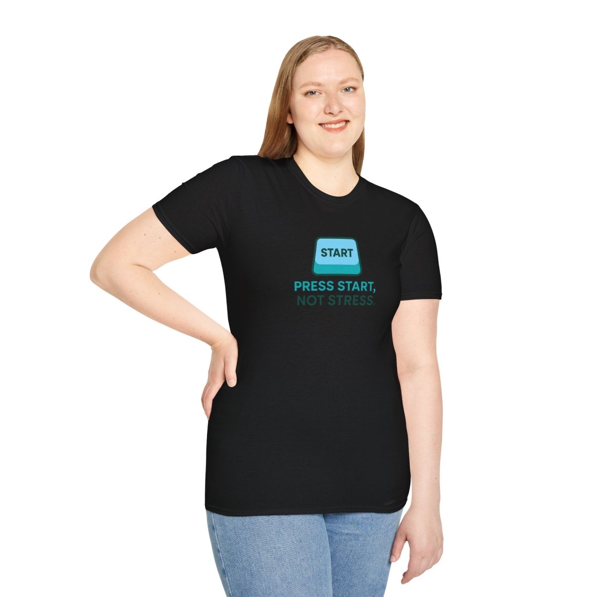 "Press Start, Not Stress" Unisex T-Shirt - Relaxed Fit Gaming Tee, Gift for Gamers, Fun Stress Relief Shirt, Casual Everyday Wear CW - 2 Teal - AI Tee Hero