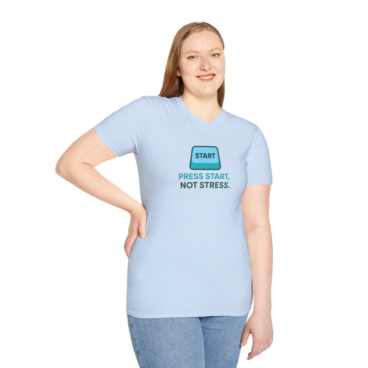 "Press Start, Not Stress" Unisex T-Shirt - Relaxed Fit Gaming Tee, Gift for Gamers, Fun Stress Relief Shirt, Casual Everyday Wear CW - 2 Teal - AI Tee Hero