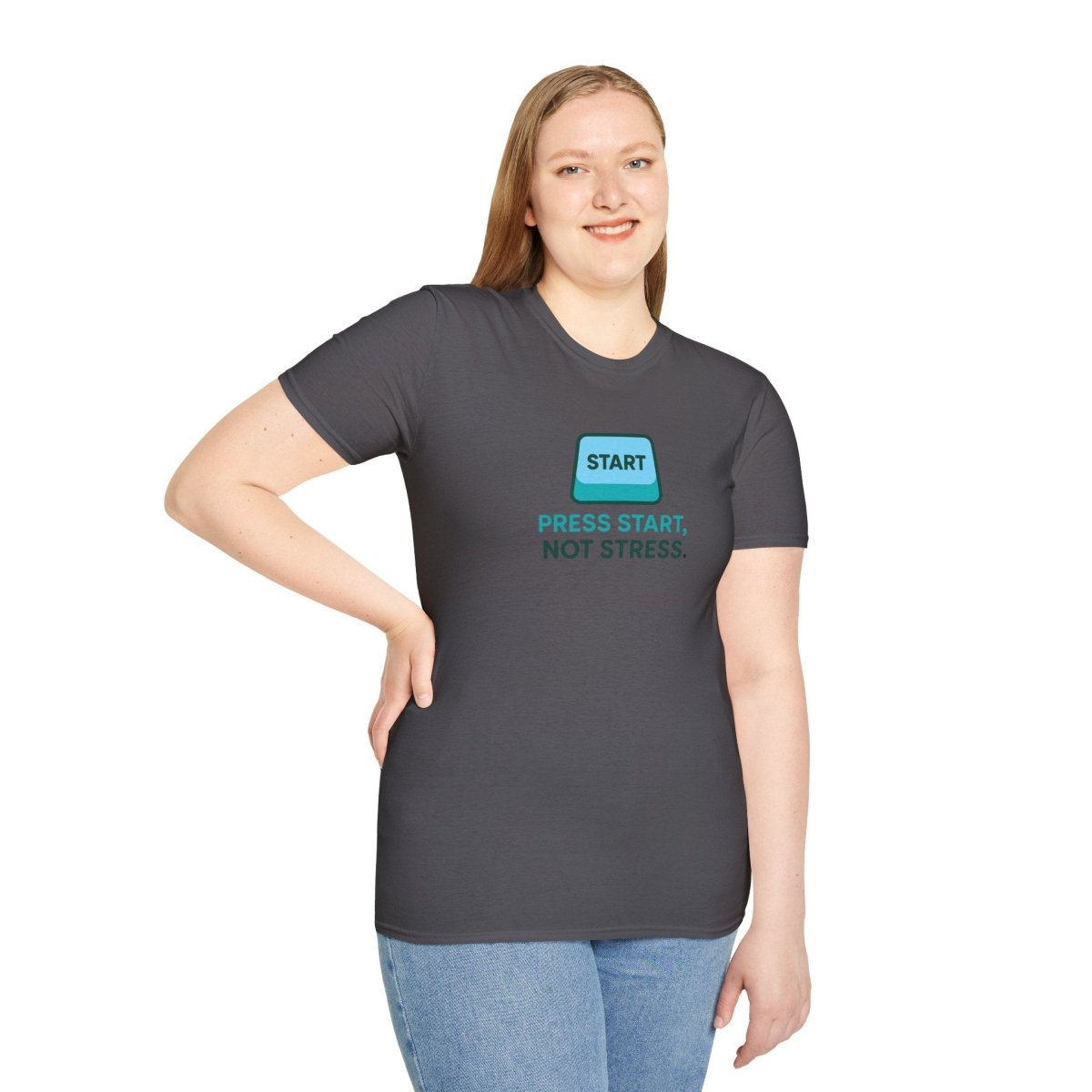 "Press Start, Not Stress" Unisex T-Shirt - Relaxed Fit Gaming Tee, Gift for Gamers, Fun Stress Relief Shirt, Casual Everyday Wear CW - 2 Teal - AI Tee Hero