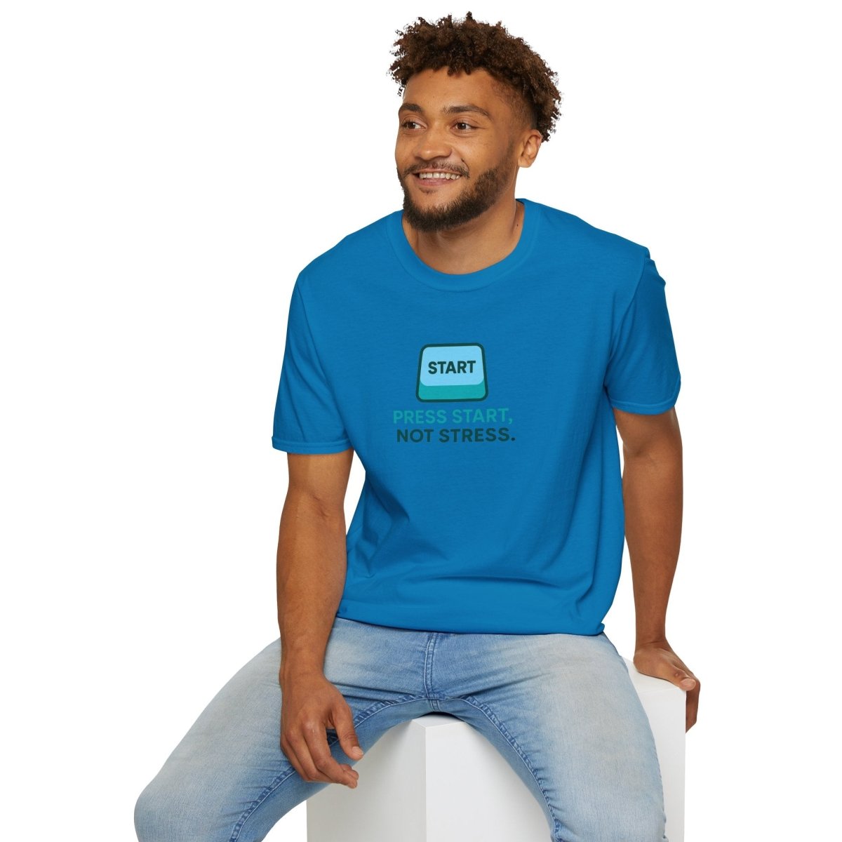 "Press Start, Not Stress" Unisex T-Shirt - Relaxed Fit Gaming Tee, Gift for Gamers, Fun Stress Relief Shirt, Casual Everyday Wear CW - 2 Teal - AI Tee Hero