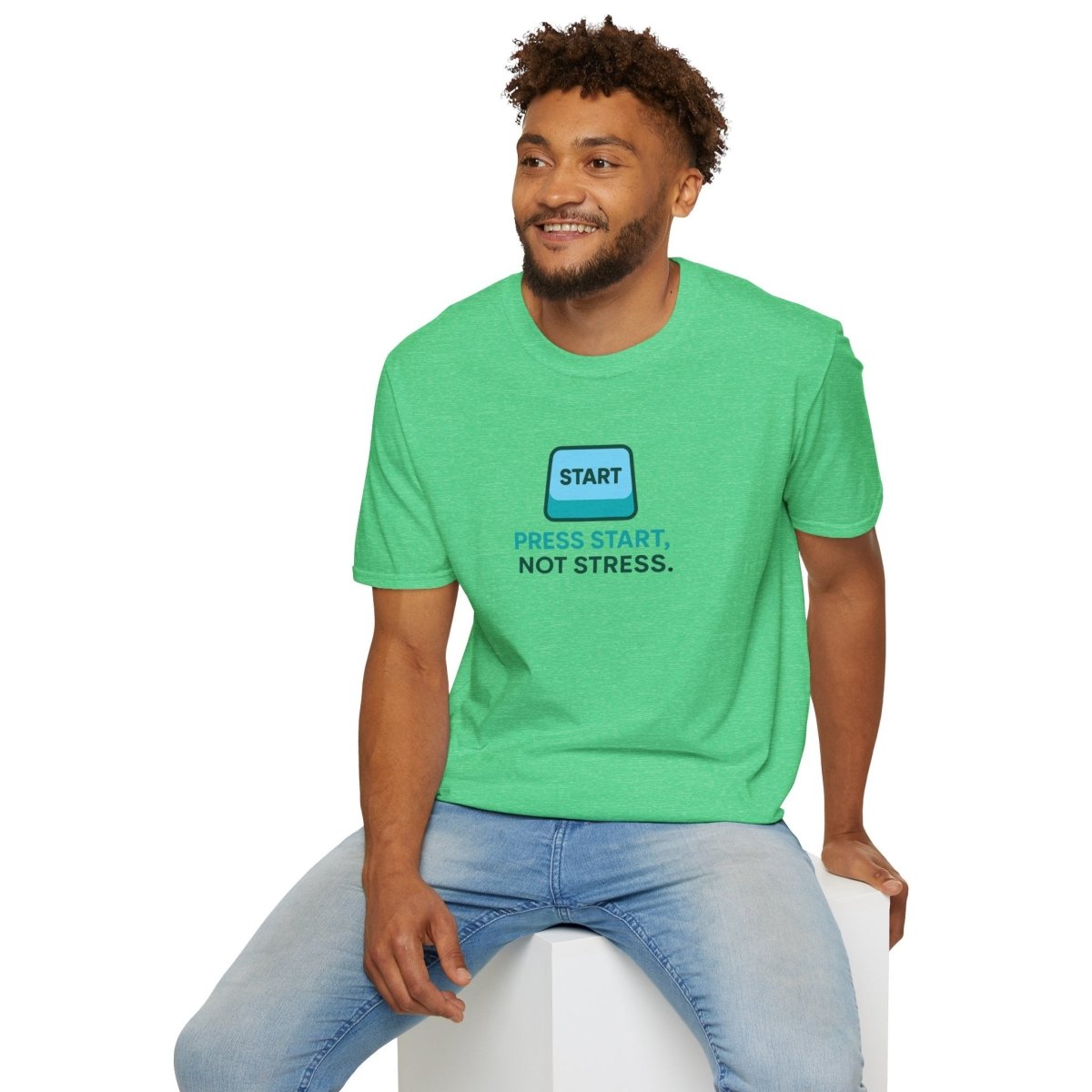 "Press Start, Not Stress" Unisex T-Shirt - Relaxed Fit Gaming Tee, Gift for Gamers, Fun Stress Relief Shirt, Casual Everyday Wear CW - 2 Teal - AI Tee Hero