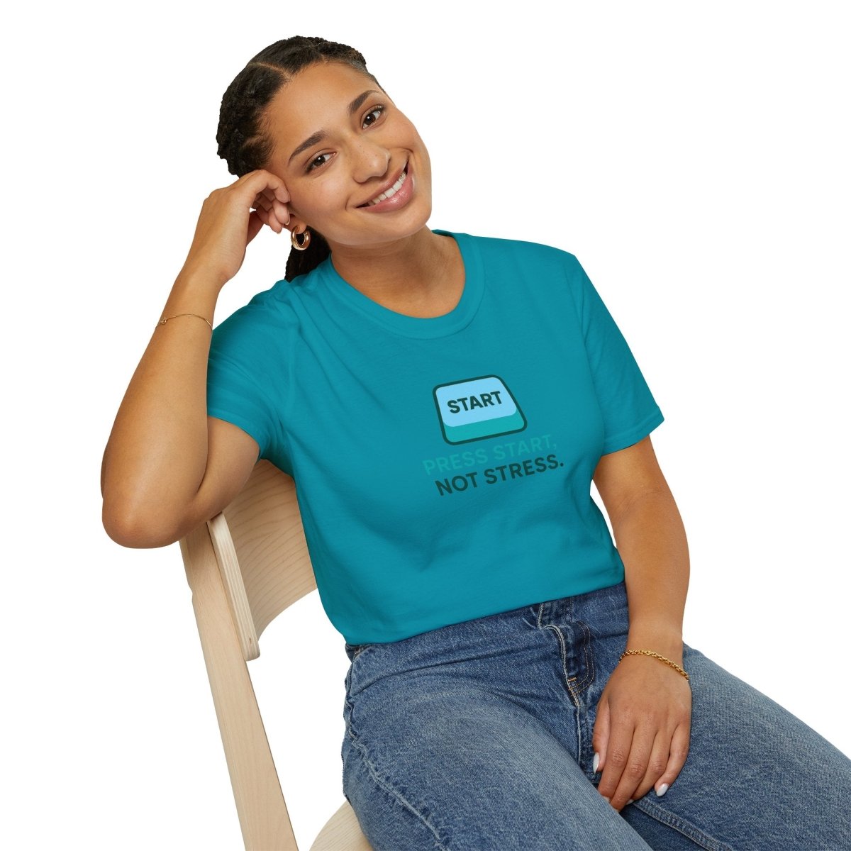 "Press Start, Not Stress" Unisex T-Shirt - Relaxed Fit Gaming Tee, Gift for Gamers, Fun Stress Relief Shirt, Casual Everyday Wear CW - 2 Teal - AI Tee Hero