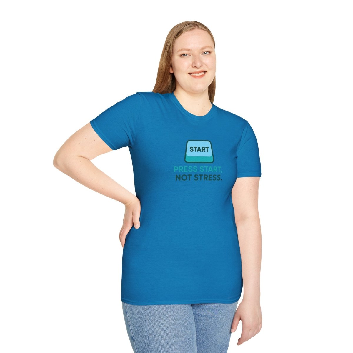 "Press Start, Not Stress" Unisex T-Shirt - Relaxed Fit Gaming Tee, Gift for Gamers, Fun Stress Relief Shirt, Casual Everyday Wear CW - 2 Teal - AI Tee Hero