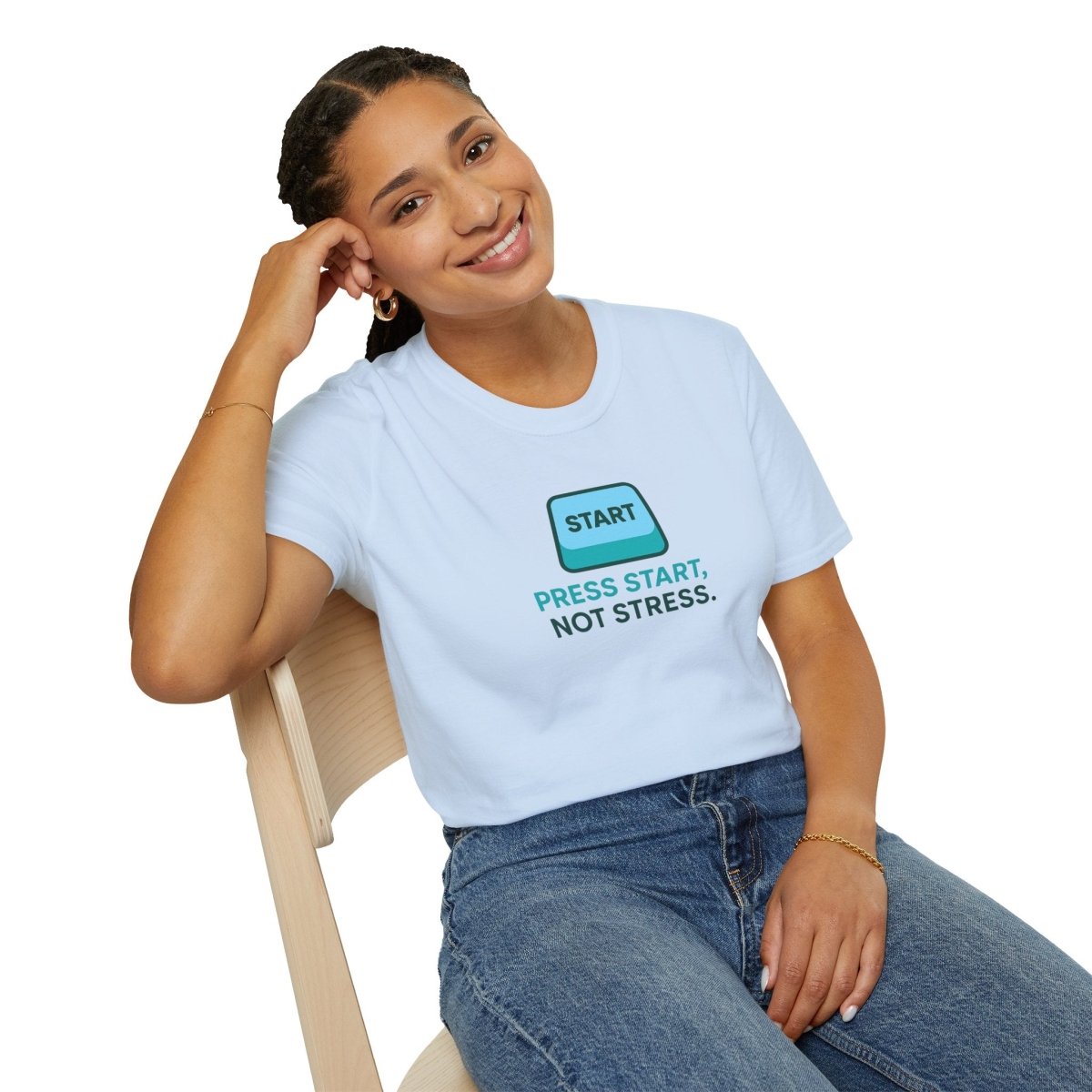 "Press Start, Not Stress" Unisex T-Shirt - Relaxed Fit Gaming Tee, Gift for Gamers, Fun Stress Relief Shirt, Casual Everyday Wear CW - 2 Teal - AI Tee Hero