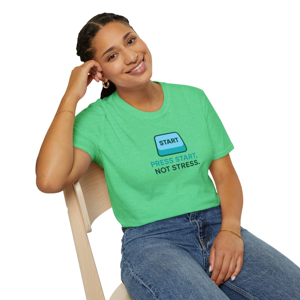 "Press Start, Not Stress" Unisex T-Shirt - Relaxed Fit Gaming Tee, Gift for Gamers, Fun Stress Relief Shirt, Casual Everyday Wear CW - 2 Teal - AI Tee Hero