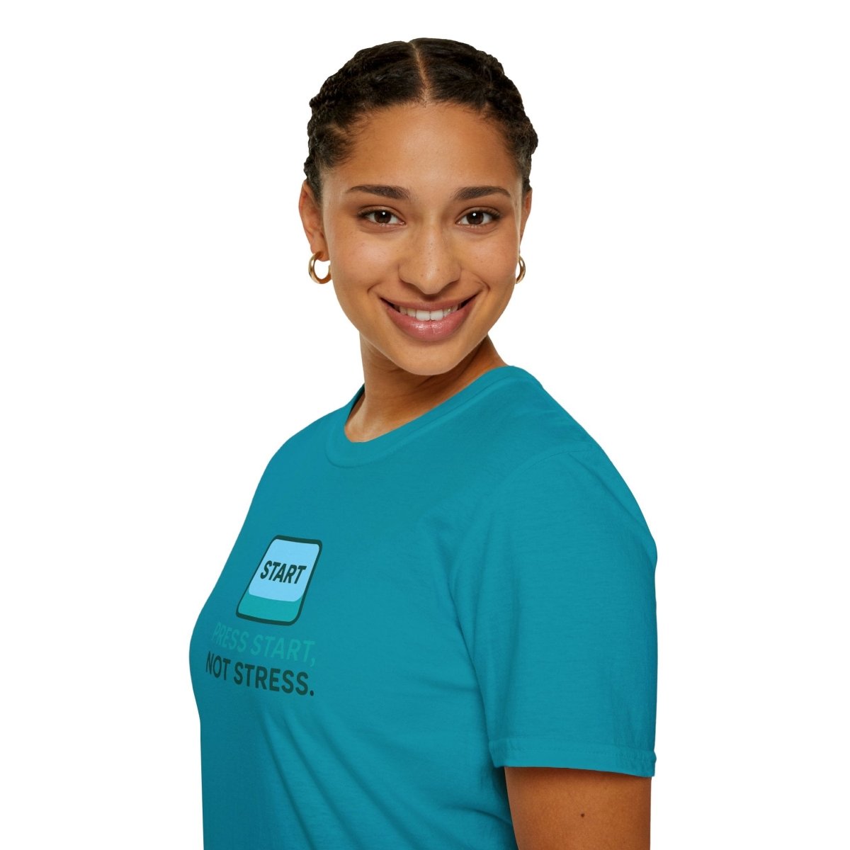"Press Start, Not Stress" Unisex T-Shirt - Relaxed Fit Gaming Tee, Gift for Gamers, Fun Stress Relief Shirt, Casual Everyday Wear CW - 2 Teal - AI Tee Hero
