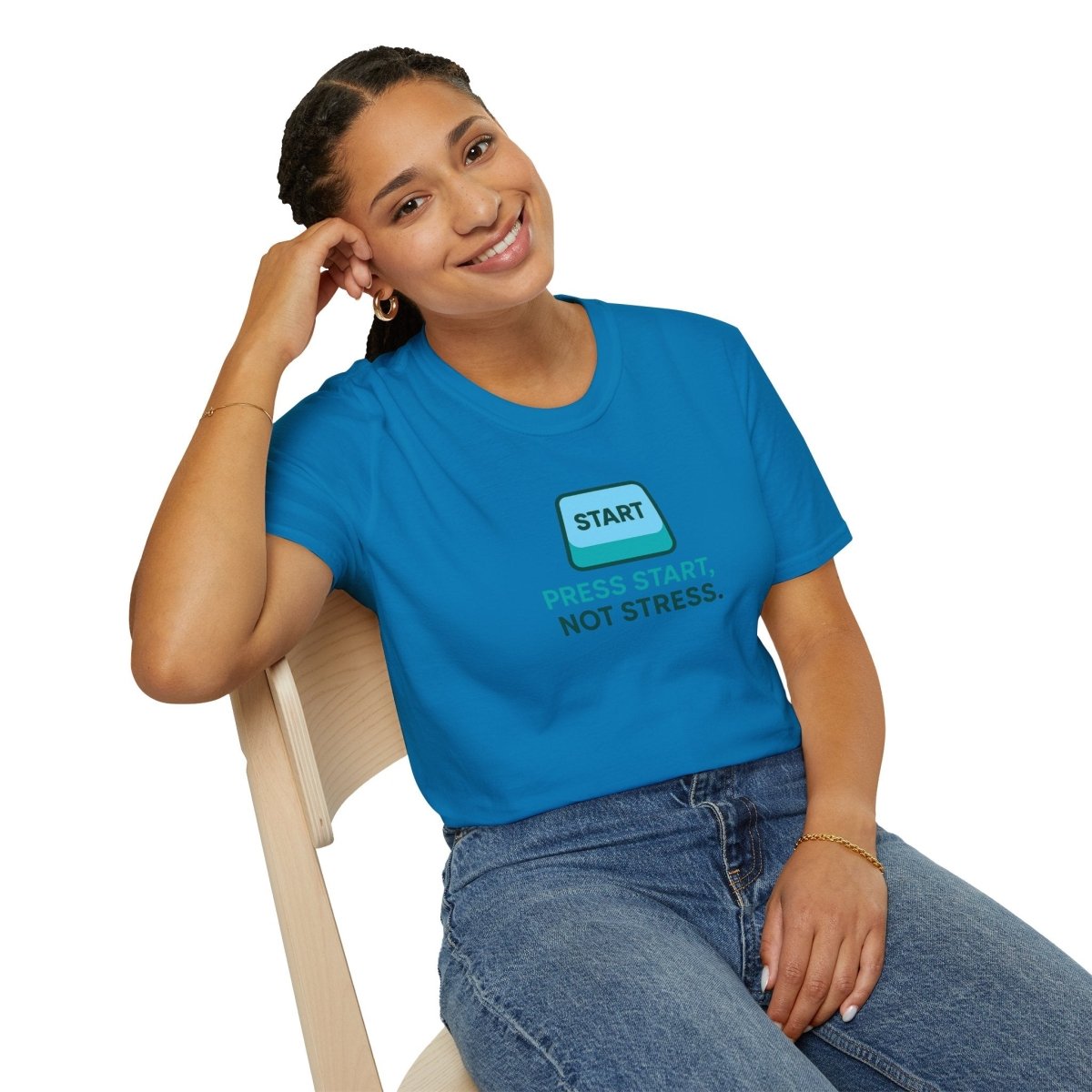 "Press Start, Not Stress" Unisex T-Shirt - Relaxed Fit Gaming Tee, Gift for Gamers, Fun Stress Relief Shirt, Casual Everyday Wear CW - 2 Teal - AI Tee Hero