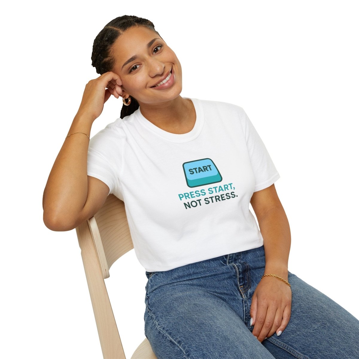 "Press Start, Not Stress" Unisex T-Shirt - Relaxed Fit Gaming Tee, Gift for Gamers, Fun Stress Relief Shirt, Casual Everyday Wear CW - 2 Teal - AI Tee Hero