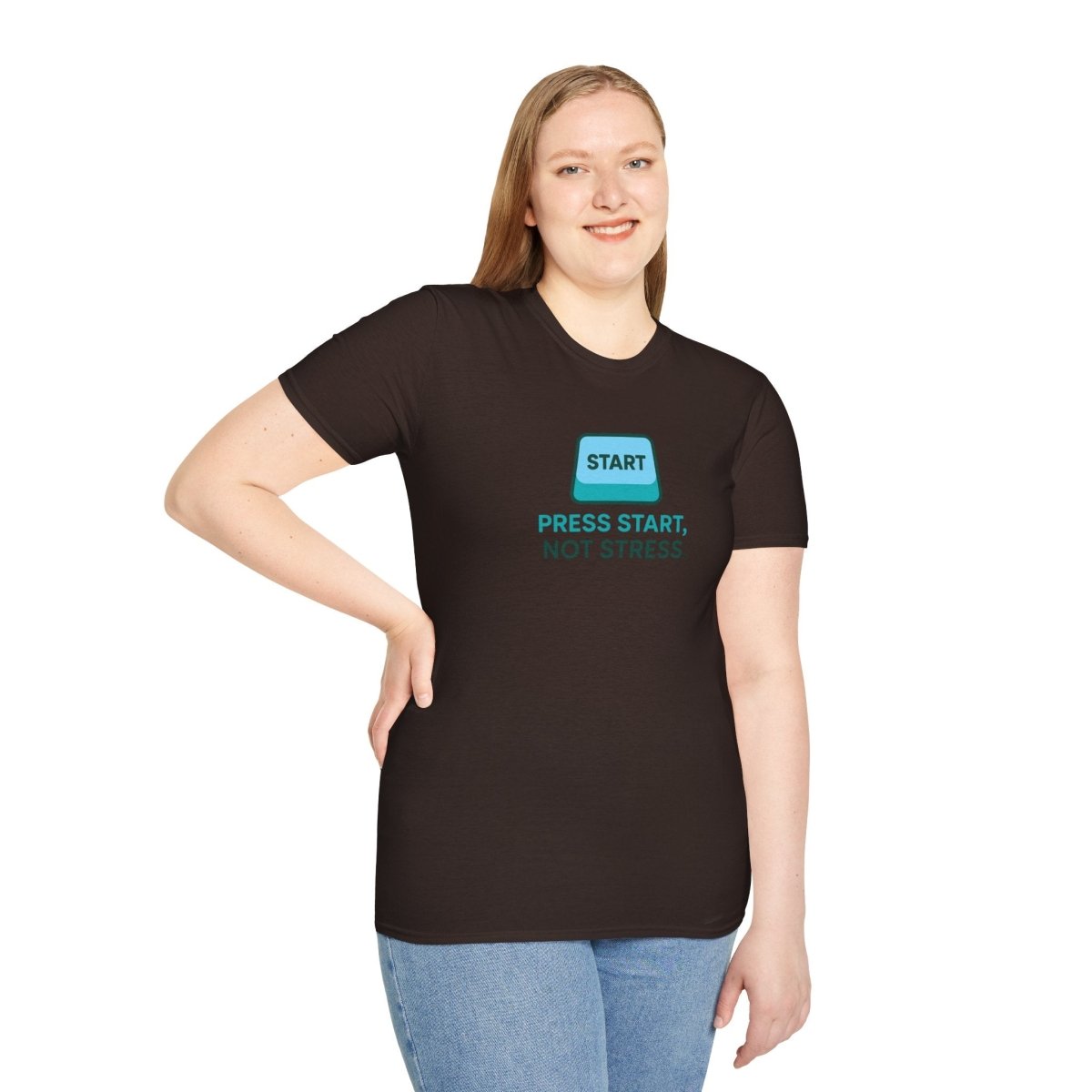 "Press Start, Not Stress" Unisex T-Shirt - Relaxed Fit Gaming Tee, Gift for Gamers, Fun Stress Relief Shirt, Casual Everyday Wear CW - 2 Teal - AI Tee Hero