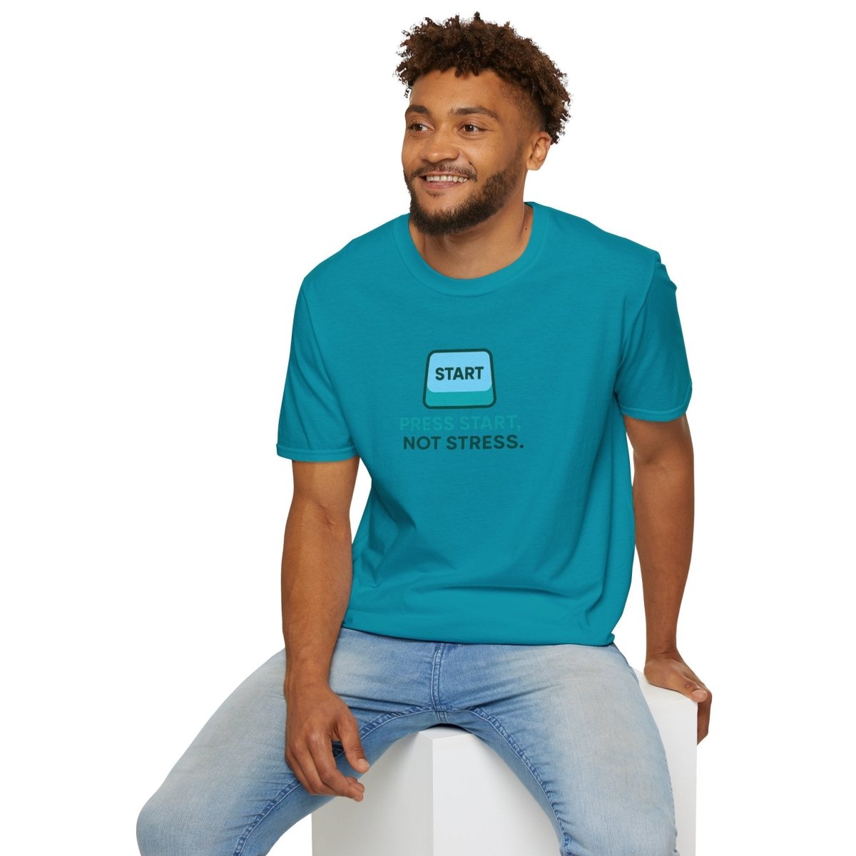 "Press Start, Not Stress" Unisex T-Shirt - Relaxed Fit Gaming Tee, Gift for Gamers, Fun Stress Relief Shirt, Casual Everyday Wear CW - 2 Teal - AI Tee Hero