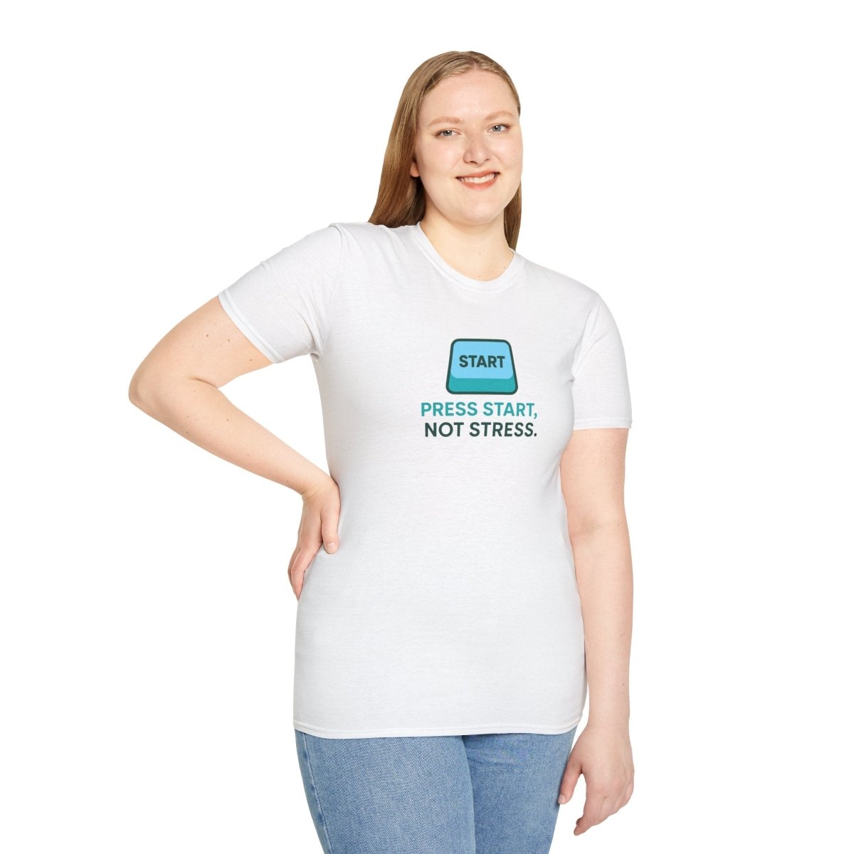 "Press Start, Not Stress" Unisex T-Shirt - Relaxed Fit Gaming Tee, Gift for Gamers, Fun Stress Relief Shirt, Casual Everyday Wear CW - 2 Teal - AI Tee Hero