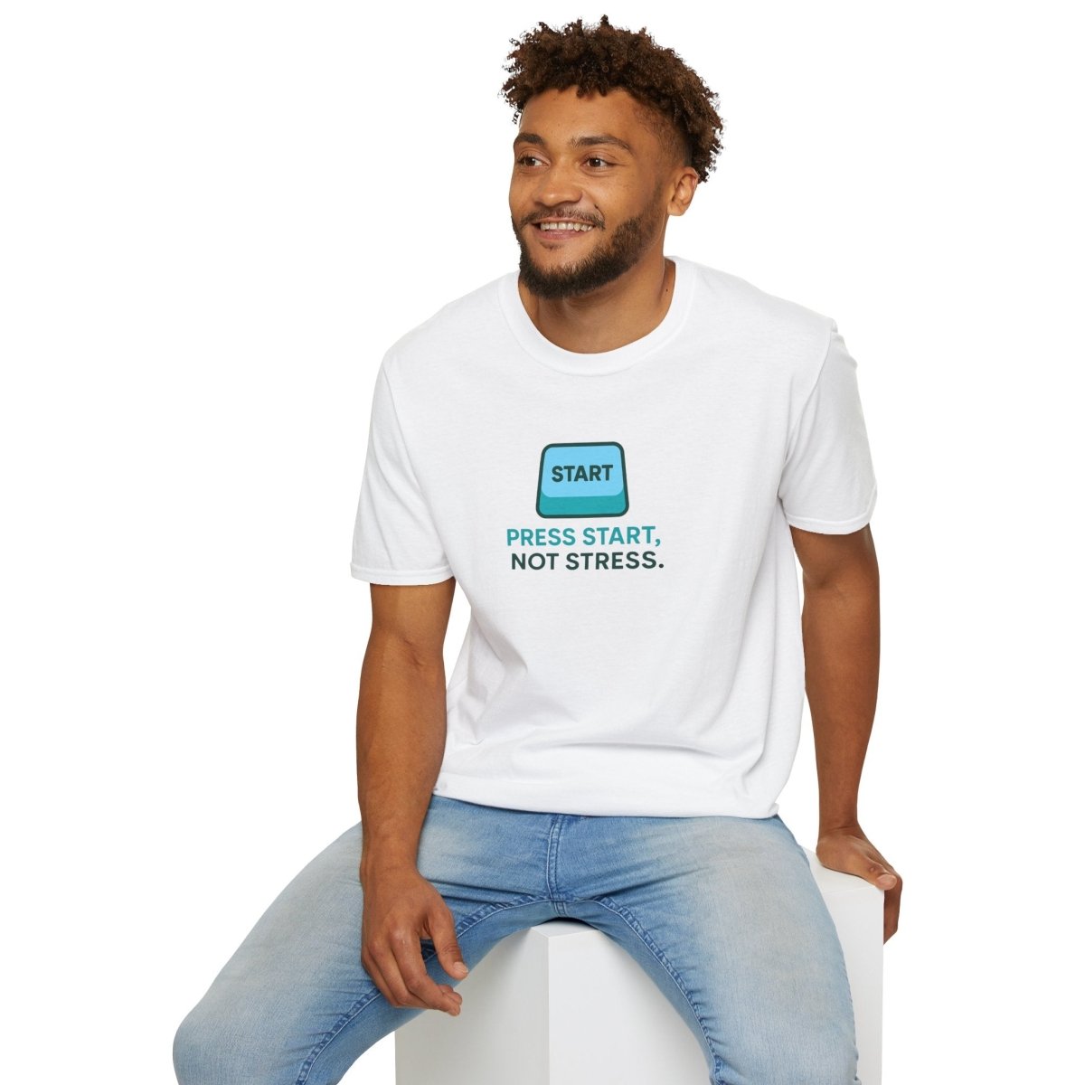 "Press Start, Not Stress" Unisex T-Shirt - Relaxed Fit Gaming Tee, Gift for Gamers, Fun Stress Relief Shirt, Casual Everyday Wear CW - 2 Teal - AI Tee Hero