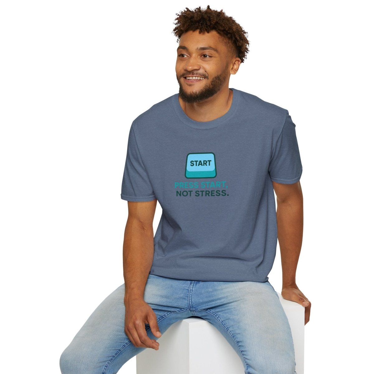 "Press Start, Not Stress" Unisex T-Shirt - Relaxed Fit Gaming Tee, Gift for Gamers, Fun Stress Relief Shirt, Casual Everyday Wear CW - 2 Teal - AI Tee Hero