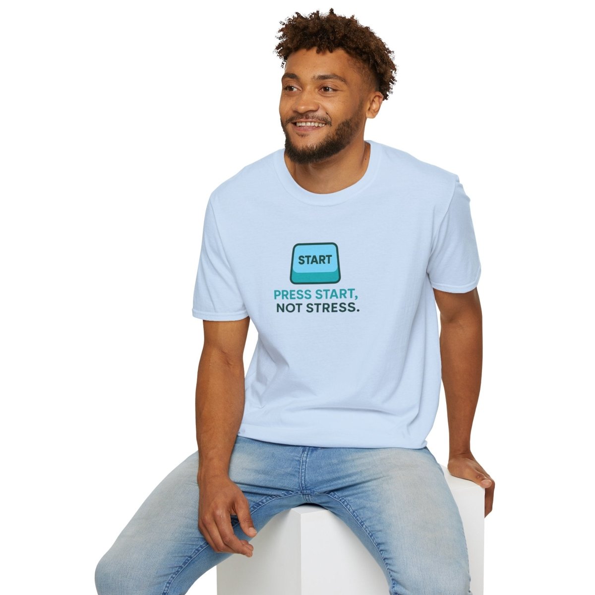 "Press Start, Not Stress" Unisex T-Shirt - Relaxed Fit Gaming Tee, Gift for Gamers, Fun Stress Relief Shirt, Casual Everyday Wear CW - 2 Teal - AI Tee Hero