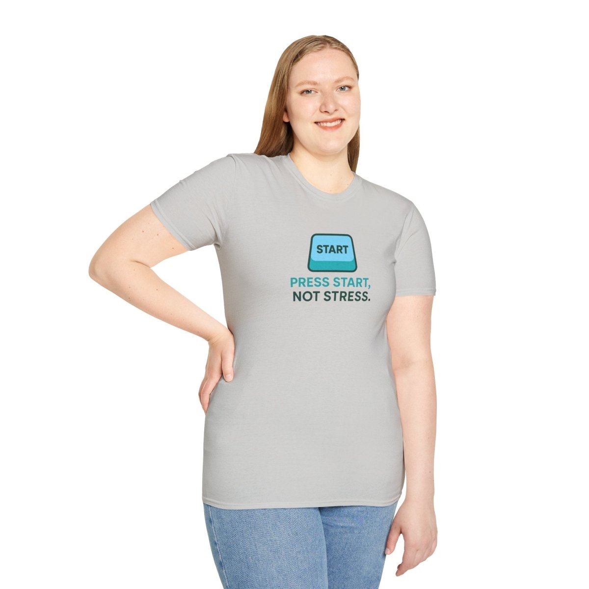 "Press Start, Not Stress" Unisex T-Shirt - Relaxed Fit Gaming Tee, Gift for Gamers, Fun Stress Relief Shirt, Casual Everyday Wear CW - 2 Teal - AI Tee Hero