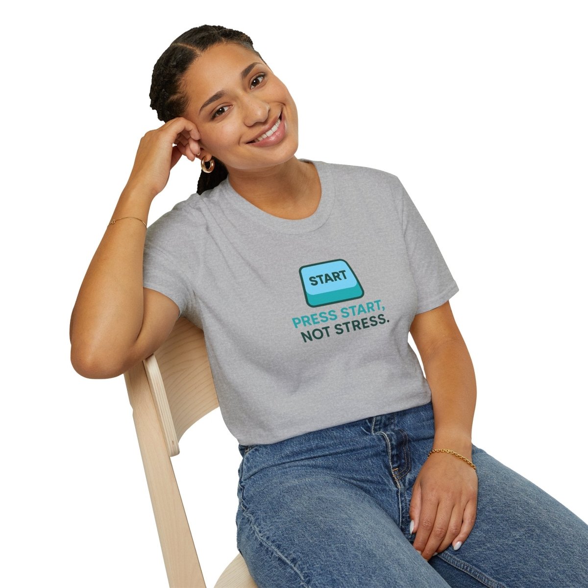 "Press Start, Not Stress" Unisex T-Shirt - Relaxed Fit Gaming Tee, Gift for Gamers, Fun Stress Relief Shirt, Casual Everyday Wear CW - 2 Teal - AI Tee Hero