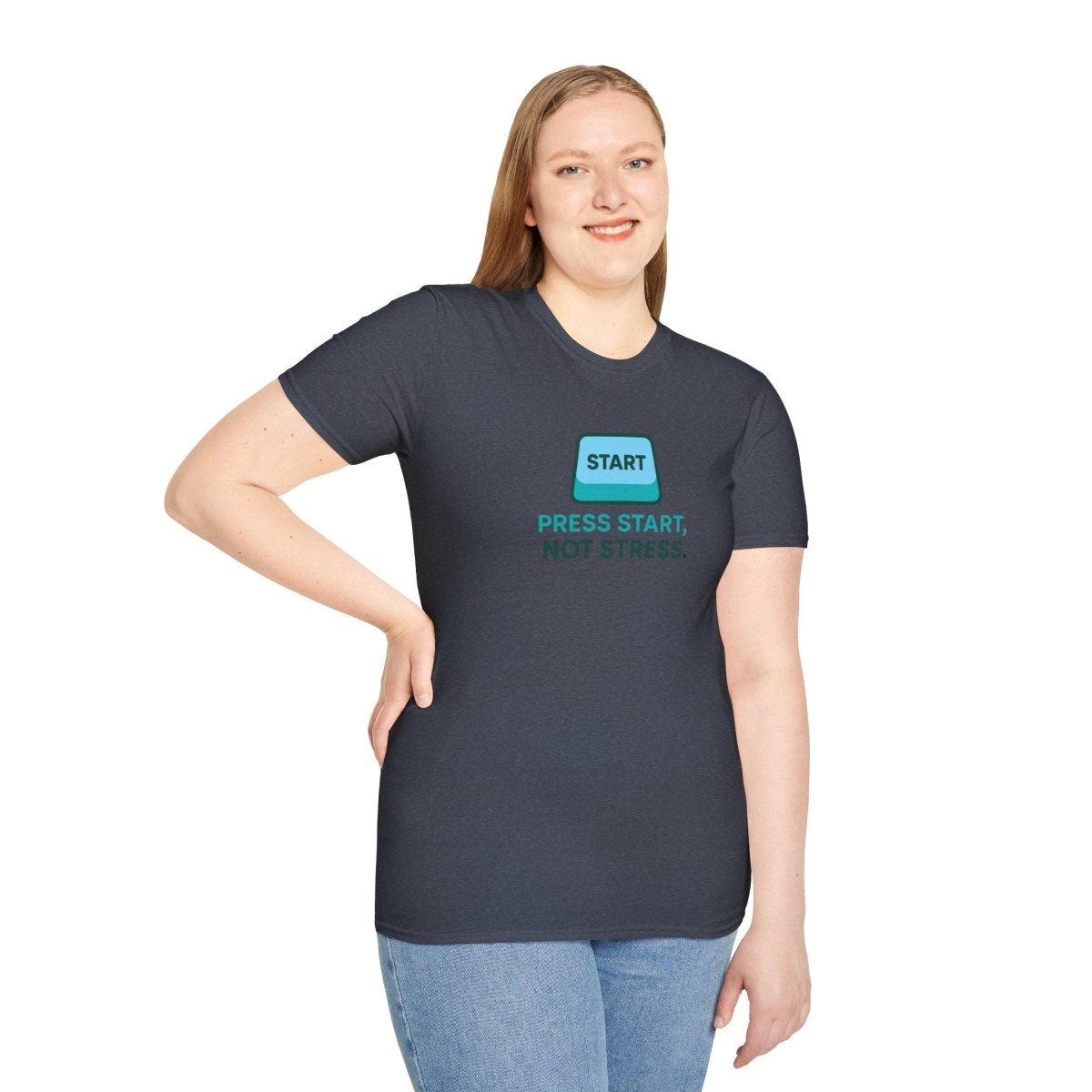 "Press Start, Not Stress" Unisex T-Shirt - Relaxed Fit Gaming Tee, Gift for Gamers, Fun Stress Relief Shirt, Casual Everyday Wear CW - 2 Teal - AI Tee Hero