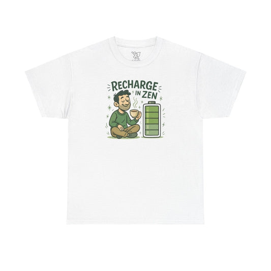 "Recharge in Zen" CW - 1 Unisex Heavy Cotton Tee, Relaxation Shirt, Mindfulness Apparel, Casual Weekend Tee, Gift for Meditation Lovers - MINDSet Collection - AI Tee Hero