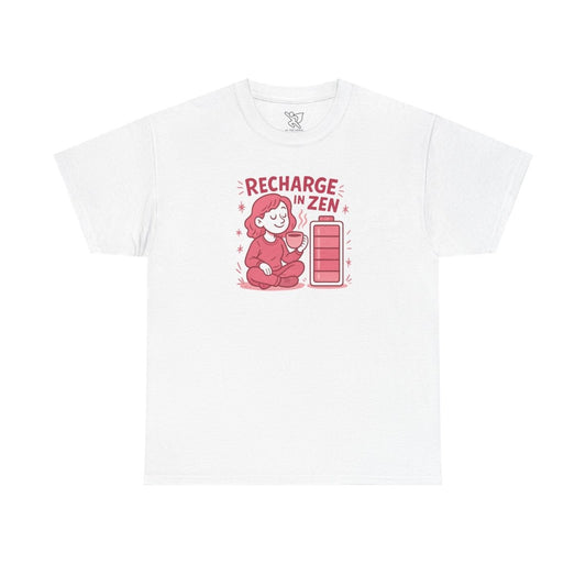 "Recharge in Zen" CW - 2 Unisex Heavy Cotton Tee, Relaxation Shirt, Mindfulness Apparel, Casual Weekend Tee, Gift for Meditation Lovers - MINDSet Collection - AI Tee Hero
