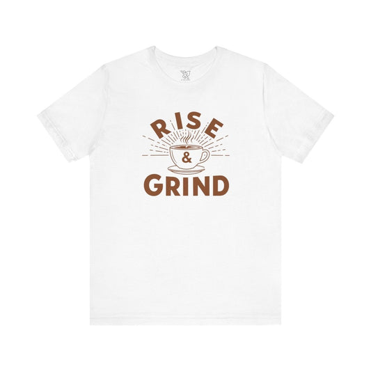 "Rise & Grind" CW - 1 Unisex Tee - Motivational Coffee Shirt, Casual Wear, Gift for Coffee Lovers, Unique Graphic Tee, Relaxed Fit - AI Tee Hero