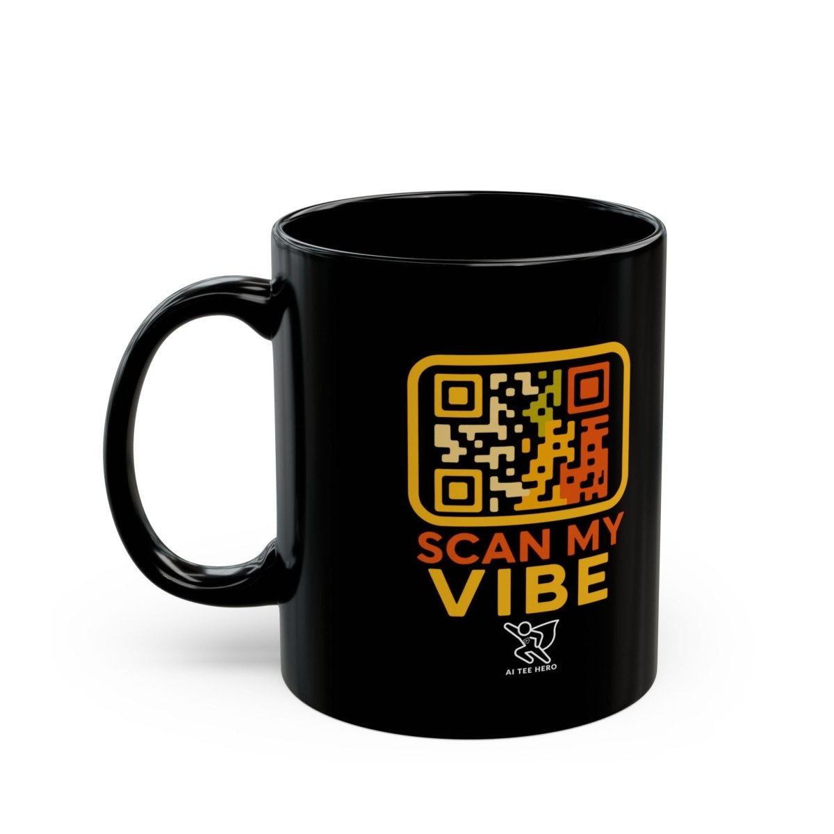 "Scan My Vibe" Black Ceramic Mug, Coffee Lover Gift, Unique Mug for Techies, Fun Office Cup, Holiday Present, Quirky Drinkware - AI Tee Hero