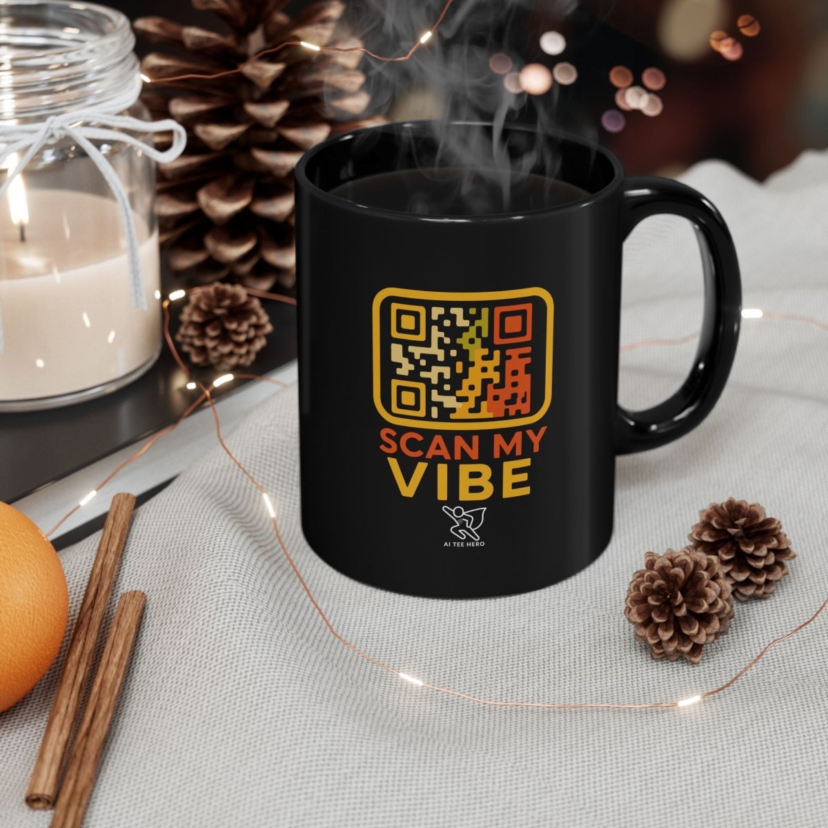 "Scan My Vibe" Black Ceramic Mug, Coffee Lover Gift, Unique Mug for Techies, Fun Office Cup, Holiday Present, Quirky Drinkware - AI Tee Hero