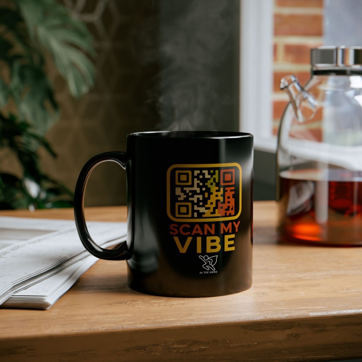 "Scan My Vibe" Black Ceramic Mug, Coffee Lover Gift, Unique Mug for Techies, Fun Office Cup, Holiday Present, Quirky Drinkware - AI Tee Hero