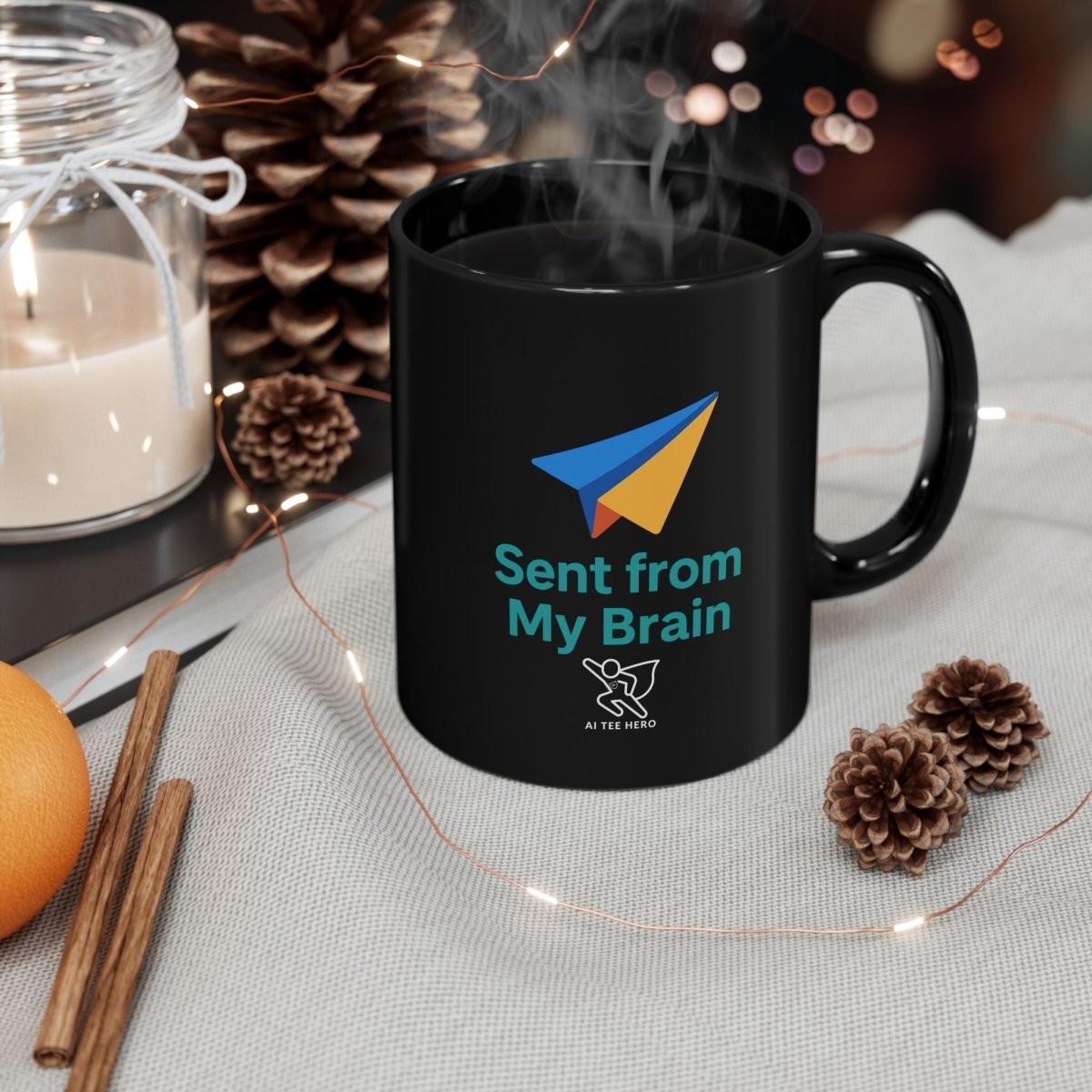 "Sent from My Brain" Black Mug | Funny Coffee Cup for Brainstorming, Gift for Coffee Lovers, Office Humor, Creative Mindfulness - AI Tee Hero