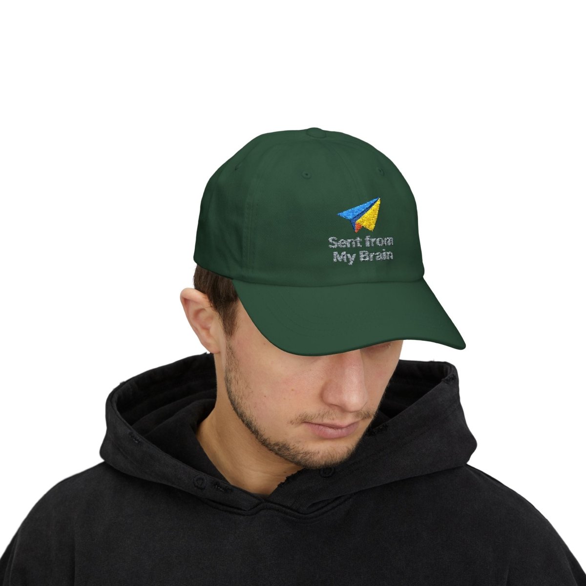 "Sent from My Brain" Classic Dad Cap, Embroidered Hat for Dads, Funny Gift for Father's Day, Casual Summer Accessory, Unisex Dad Hat - AI Tee Hero