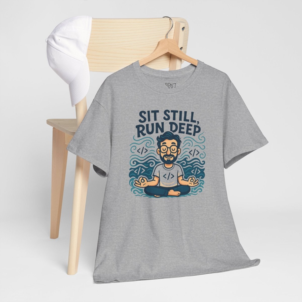 "Sit Still, Run Deep" Meditation Graphic Tee, Unisex Heavy Cotton Shirt, Yoga Gift, Mindfulness Apparel, Relaxation Wear - MINDSet Collection - AI Tee Hero