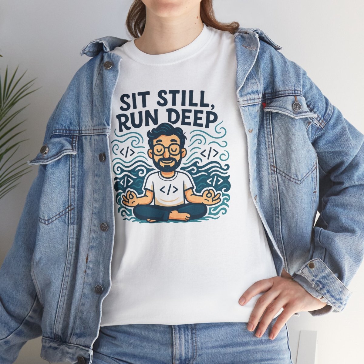 "Sit Still, Run Deep" Meditation Graphic Tee, Unisex Heavy Cotton Shirt, Yoga Gift, Mindfulness Apparel, Relaxation Wear - MINDSet Collection - AI Tee Hero