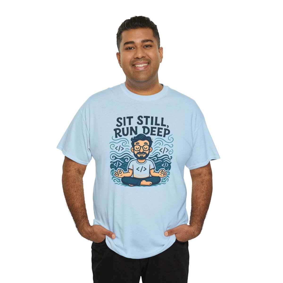 "Sit Still, Run Deep" Meditation Graphic Tee, Unisex Heavy Cotton Shirt, Yoga Gift, Mindfulness Apparel, Relaxation Wear - MINDSet Collection - AI Tee Hero