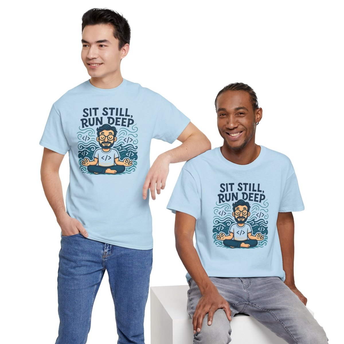 "Sit Still, Run Deep" Meditation Graphic Tee, Unisex Heavy Cotton Shirt, Yoga Gift, Mindfulness Apparel, Relaxation Wear - MINDSet Collection - AI Tee Hero