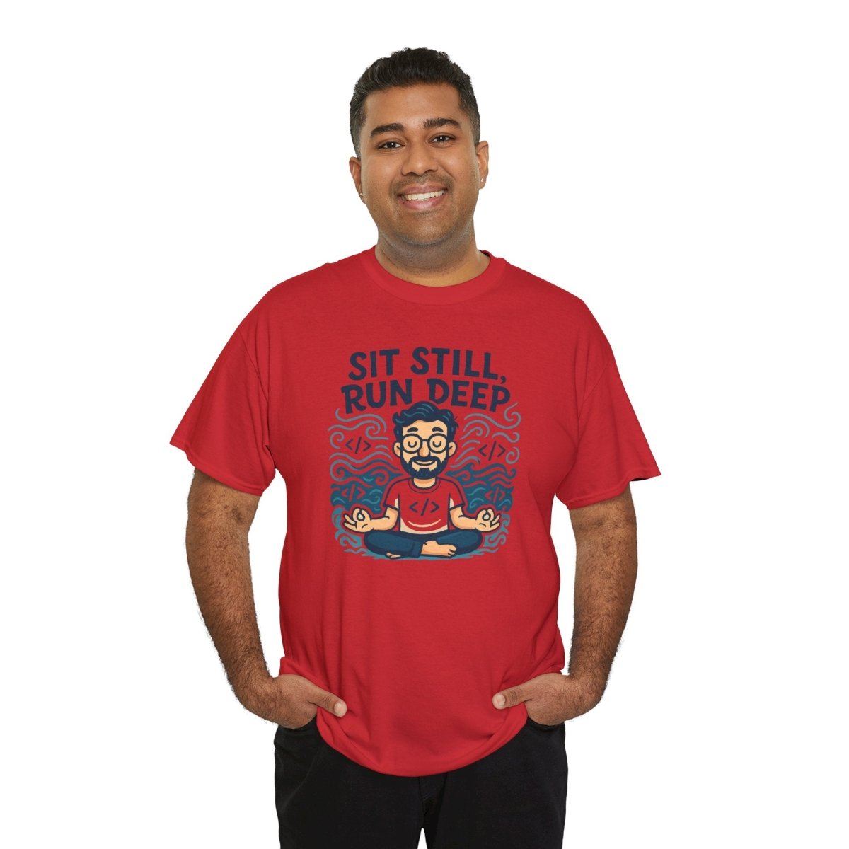 "Sit Still, Run Deep" Meditation Graphic Tee, Unisex Heavy Cotton Shirt, Yoga Gift, Mindfulness Apparel, Relaxation Wear - MINDSet Collection - AI Tee Hero